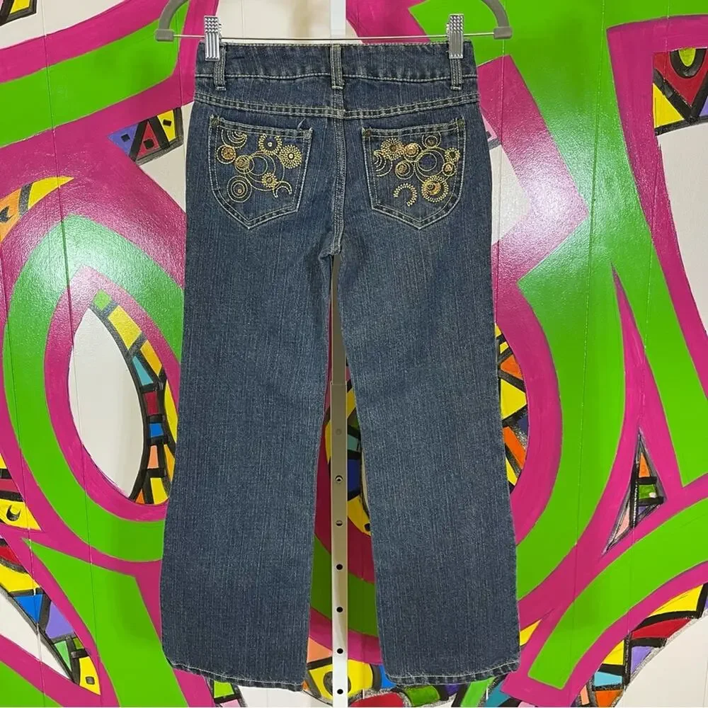 Hannah Montana, Gold Thread Boot Cut Jeans. Size 10. Glitzy Back Pockets.